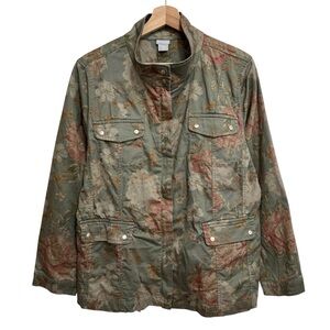 Chico’s Floral Utility Jacket Women Size 12/14 Roses Cargo
